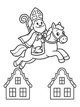Free printable Sinterklaas Leaping Over Rooftops coloring page