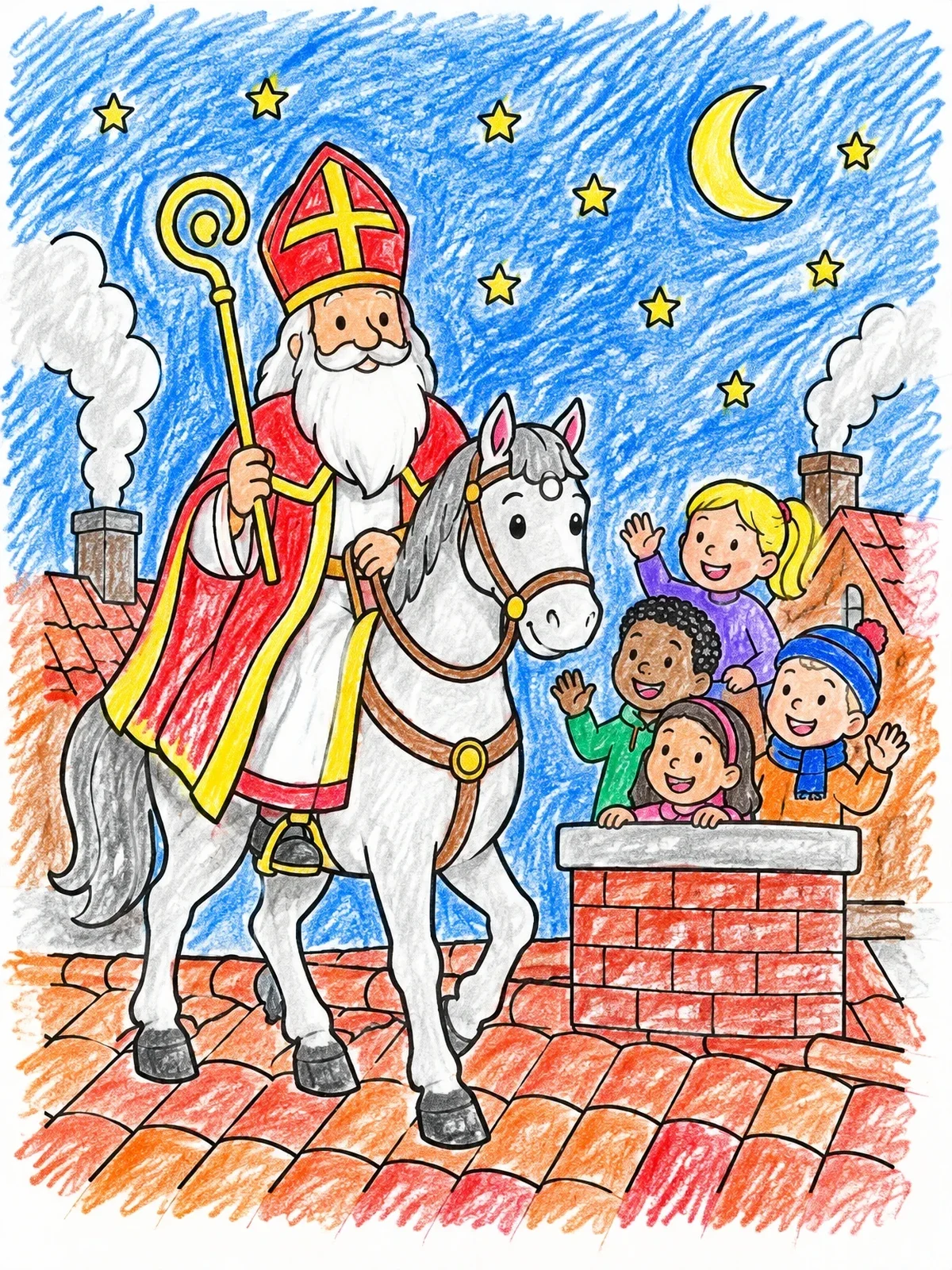 Colored example of the Sinterklaas On Rooftop With Children coloring page