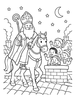Free printable Sinterklaas On Rooftop With Children coloring page