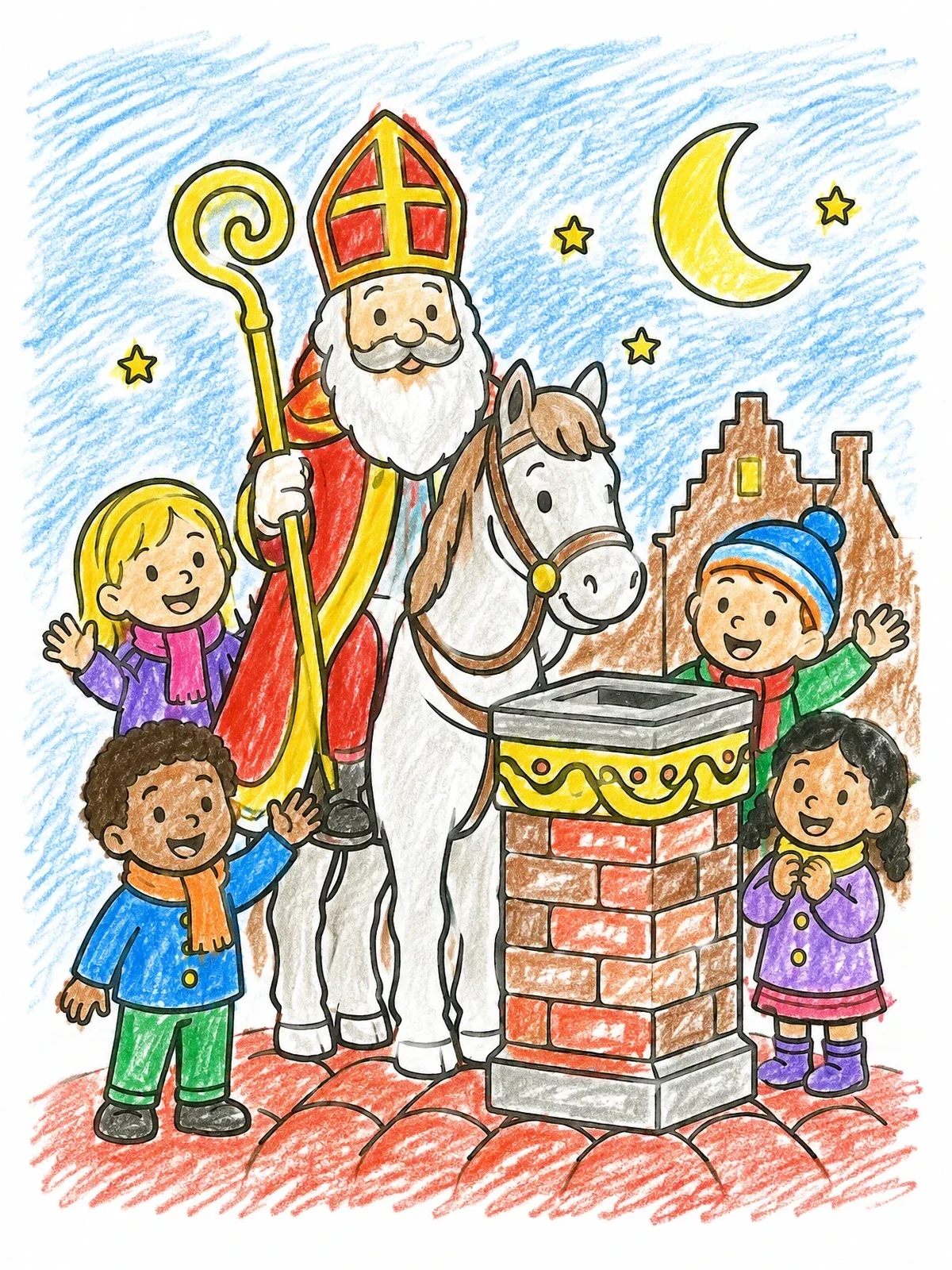 Colored example of the Sinterklaas On Rooftop With Children coloring page