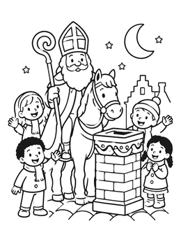 Free printable Sinterklaas On Rooftop With Children coloring page