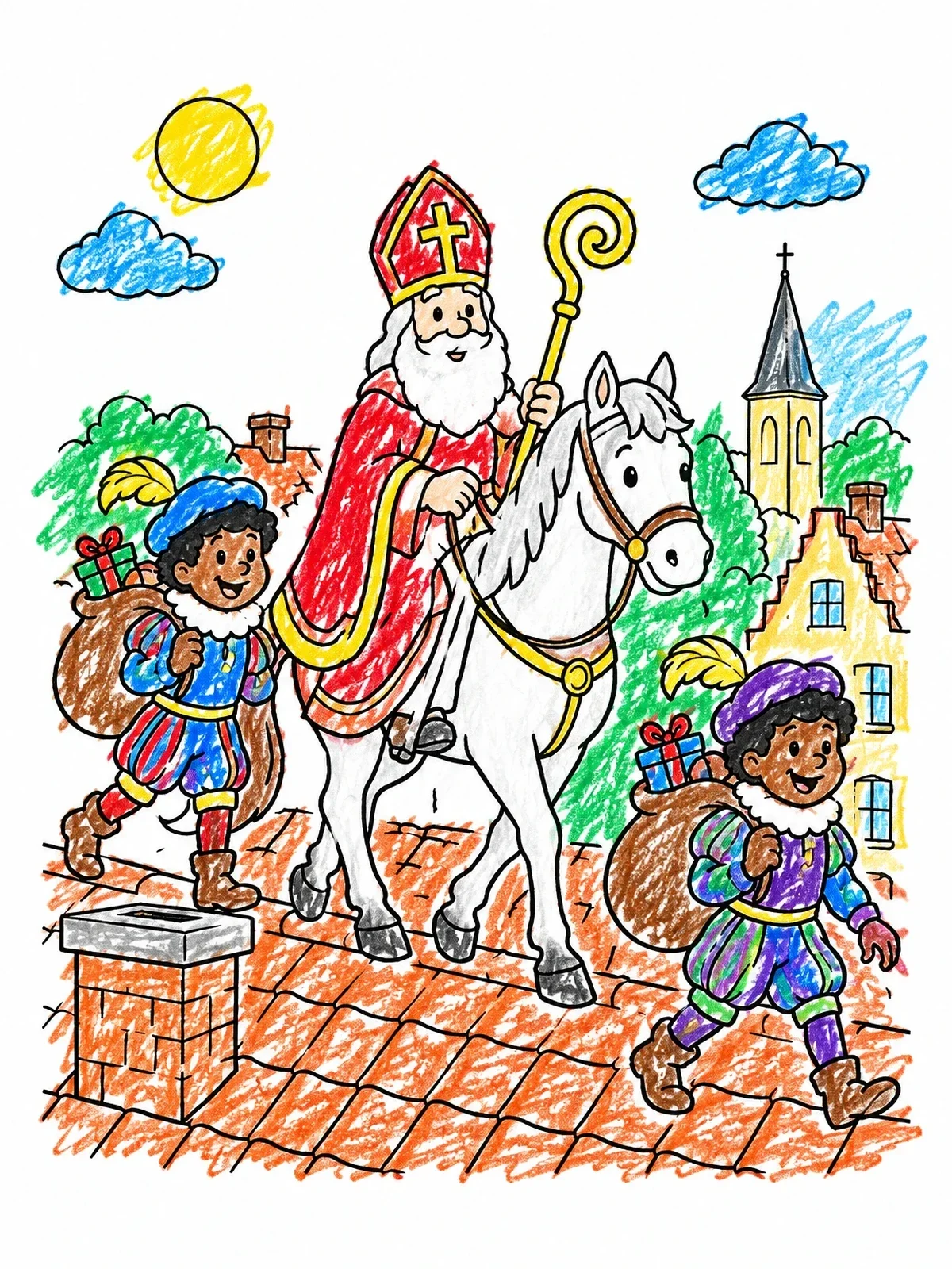 Colored example of the Sinterklaas On The Rooftops coloring page