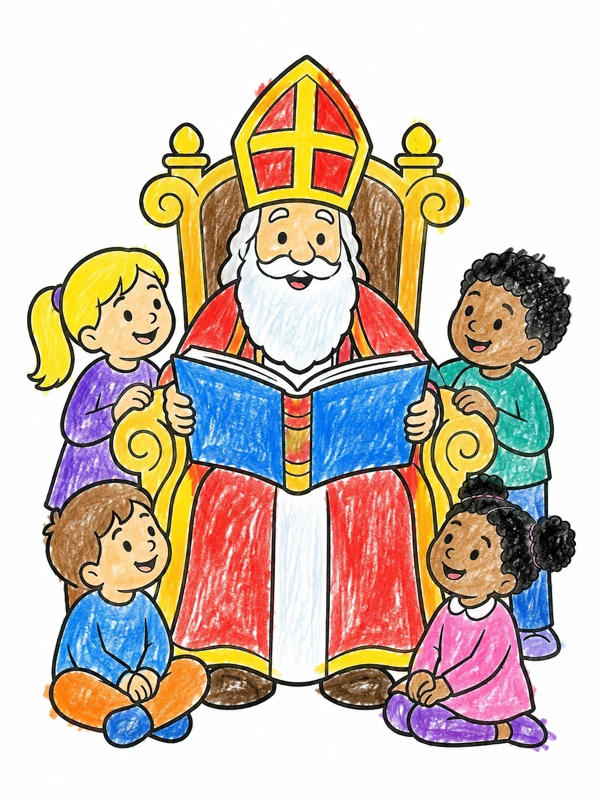 Colored example of the Sinterklaas Reading To Happy Children coloring page