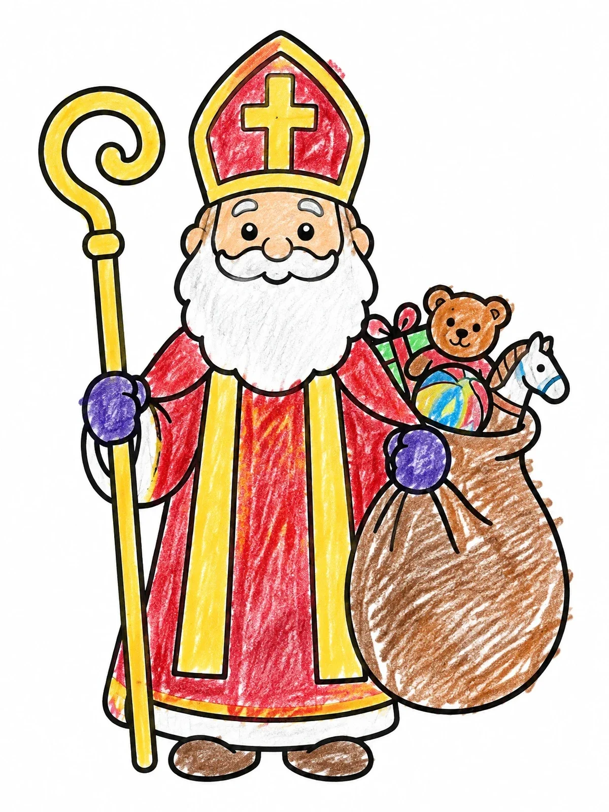 Colored example of the Sinterklaas With Staff And Toy Sack coloring page