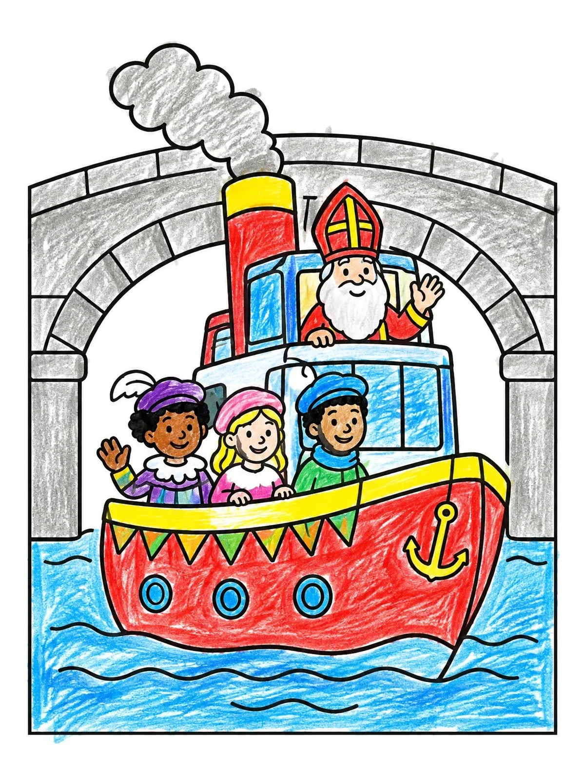 Colored example of the Sinterklaas Steamboat Under Stone Bridge coloring page