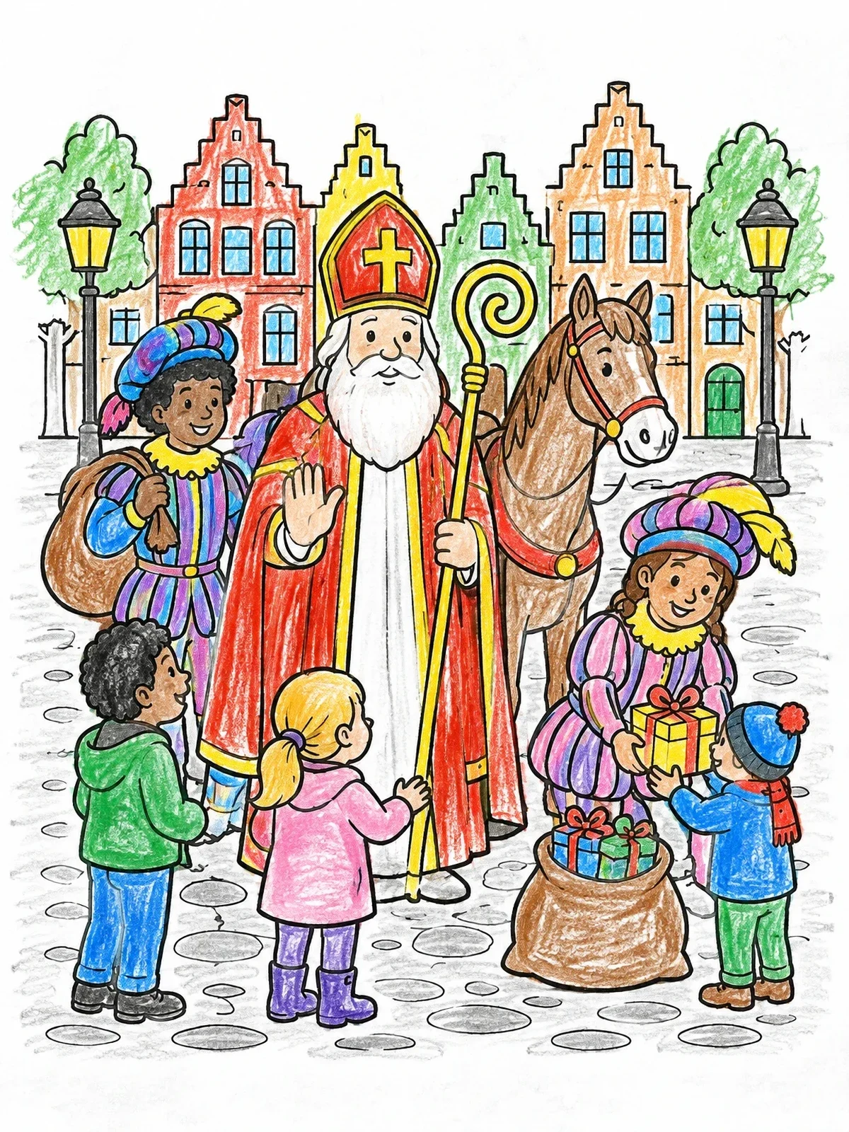 Colored example of the Sinterklaas Visiting Town Square With Children coloring page
