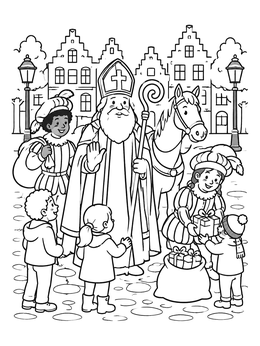 Free printable Sinterklaas Visiting Town Square With Children coloring page