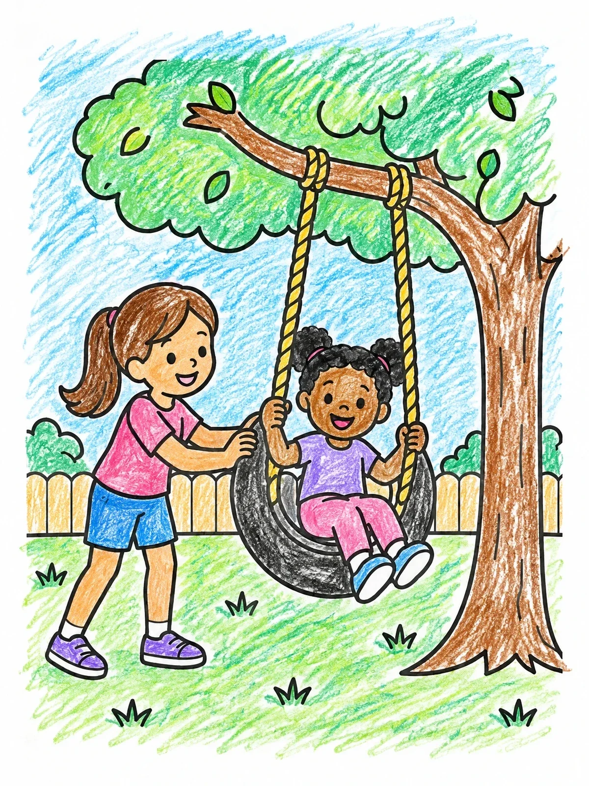 Colored example of the Sisters Playing On Backyard Tire Swing coloring page