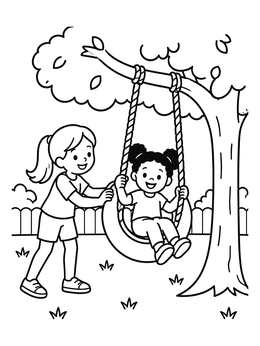 Free printable Sisters Playing On Backyard Tire Swing coloring page
