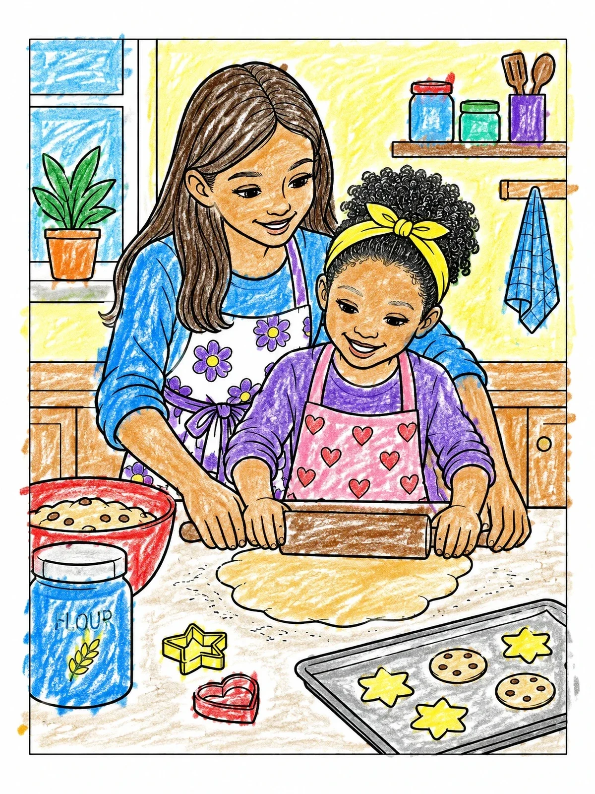Colored example of the Sisters Baking Cookies In Kitchen coloring page