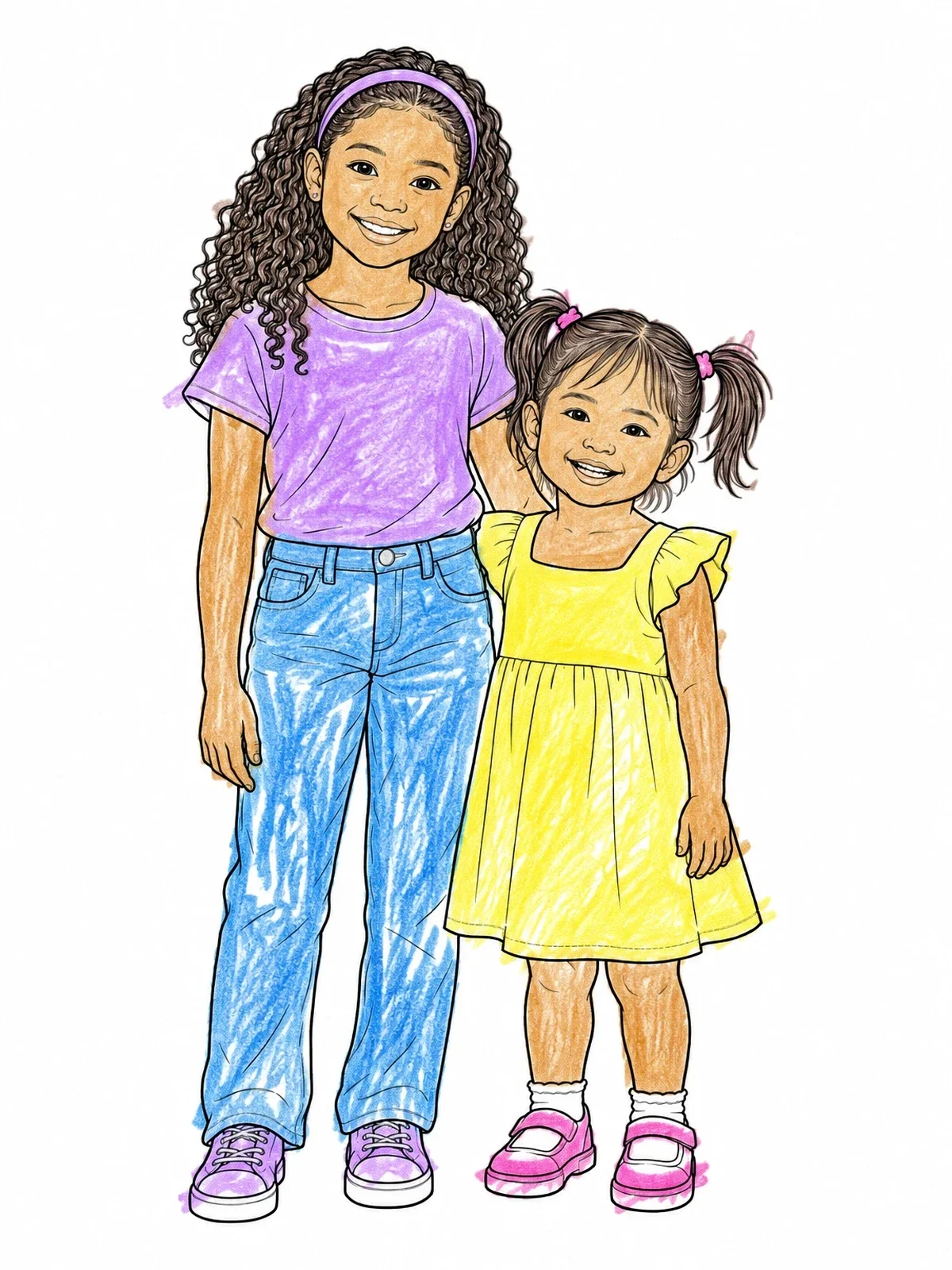 Colored example of the Big Sister And Toddler Sister Smiling coloring page