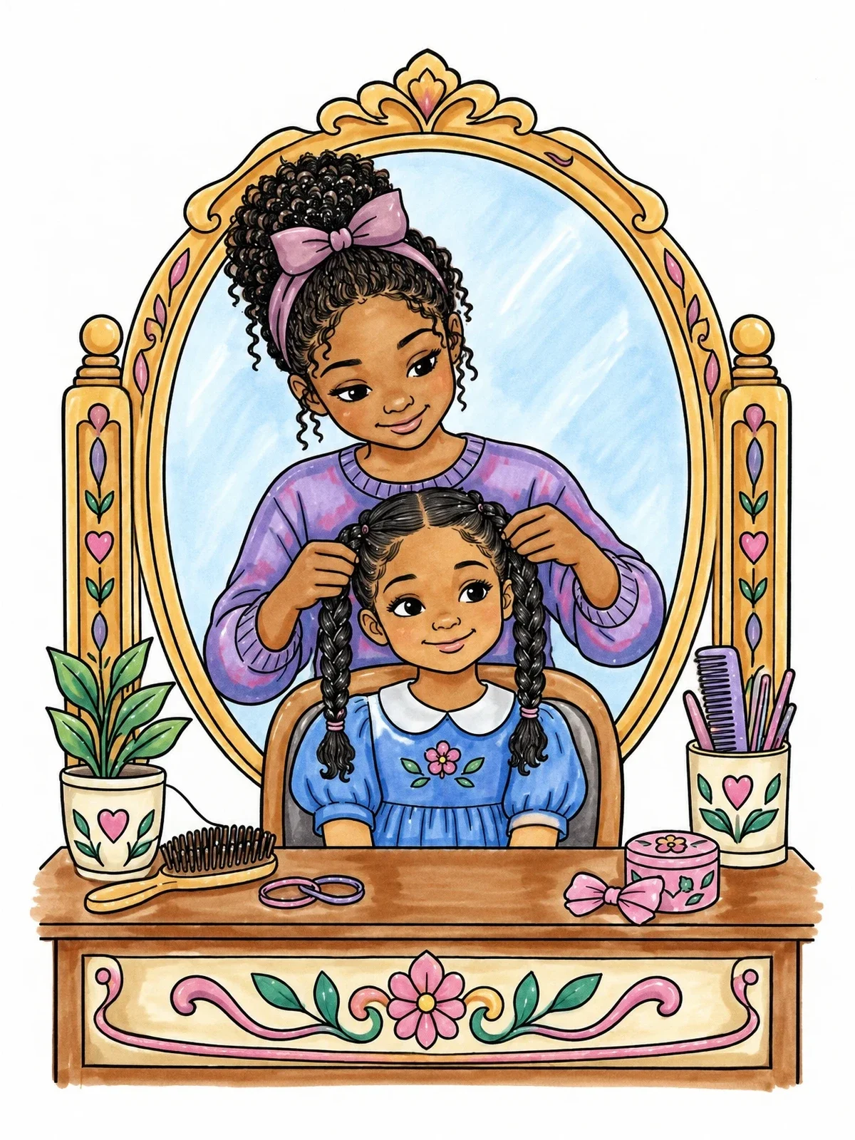 Colored example of the Big Sister Braiding Hair At The Vanity coloring page