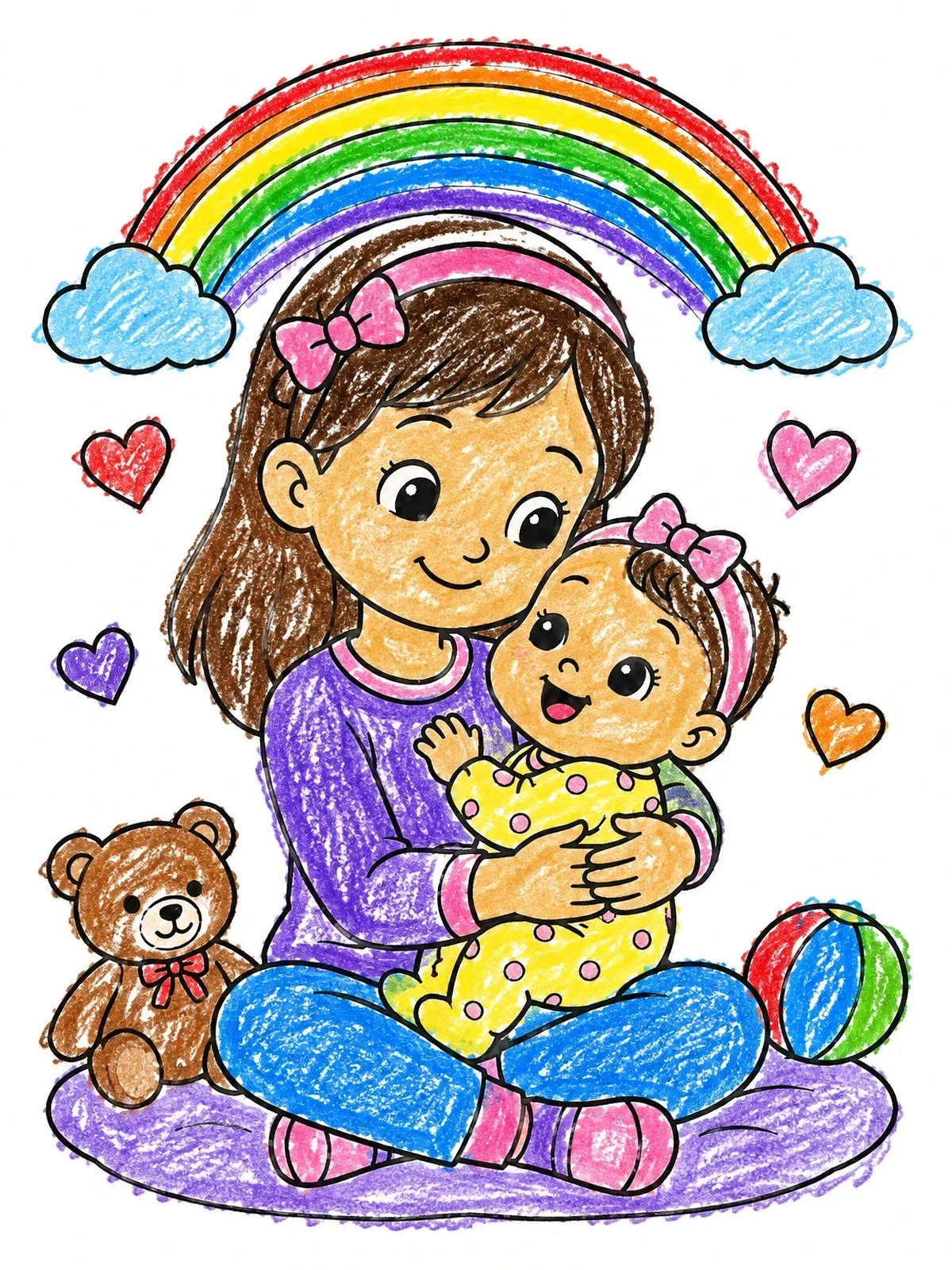 Colored example of the Big Sister Holding Her Baby Sister coloring page