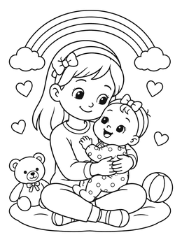 Free printable Big Sister Holding Her Baby Sister coloring page