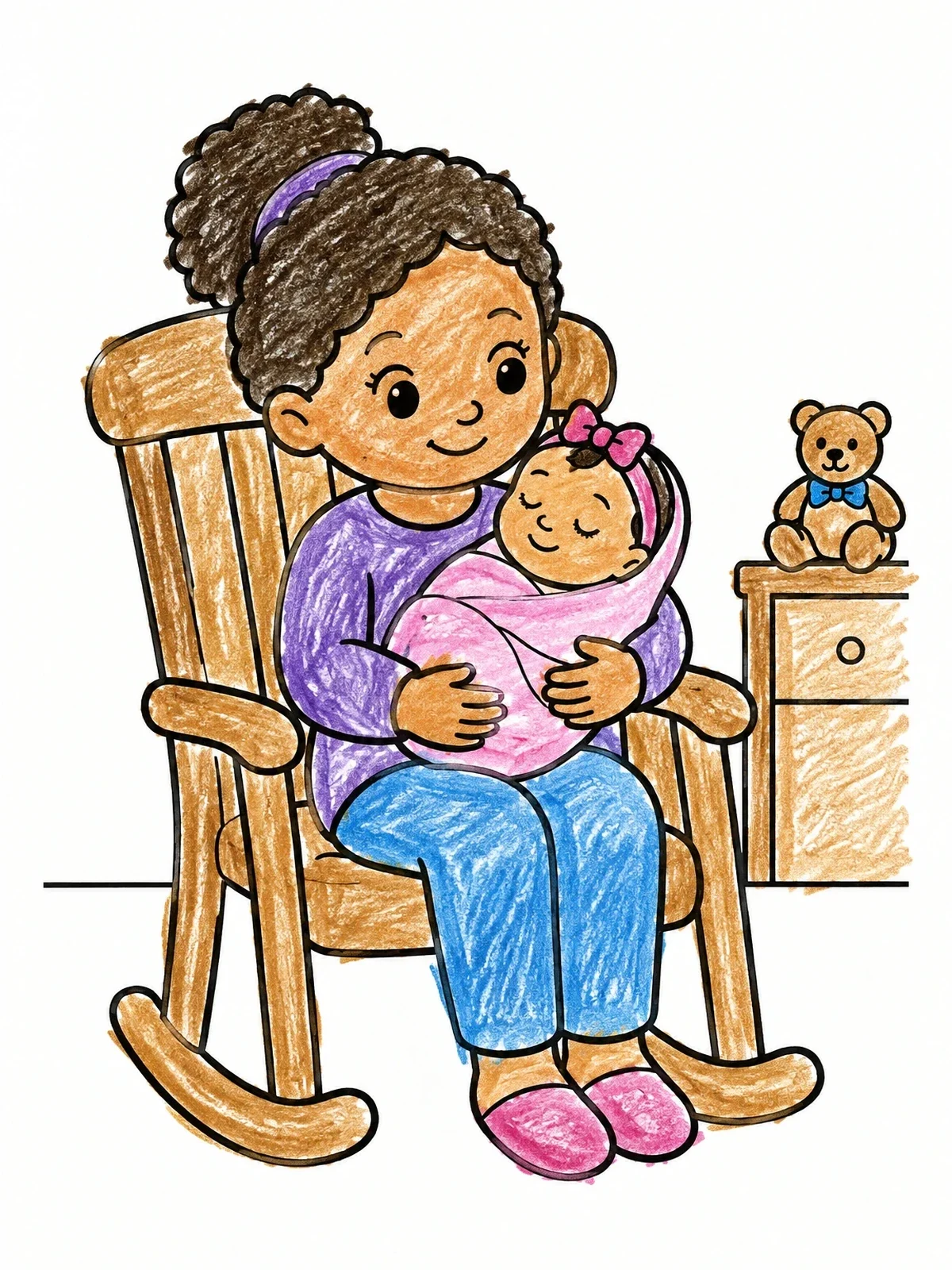 Colored example of the Big Sister Holding Newborn Baby coloring page