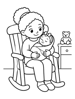 Free printable Big Sister Holding Newborn Baby coloring page