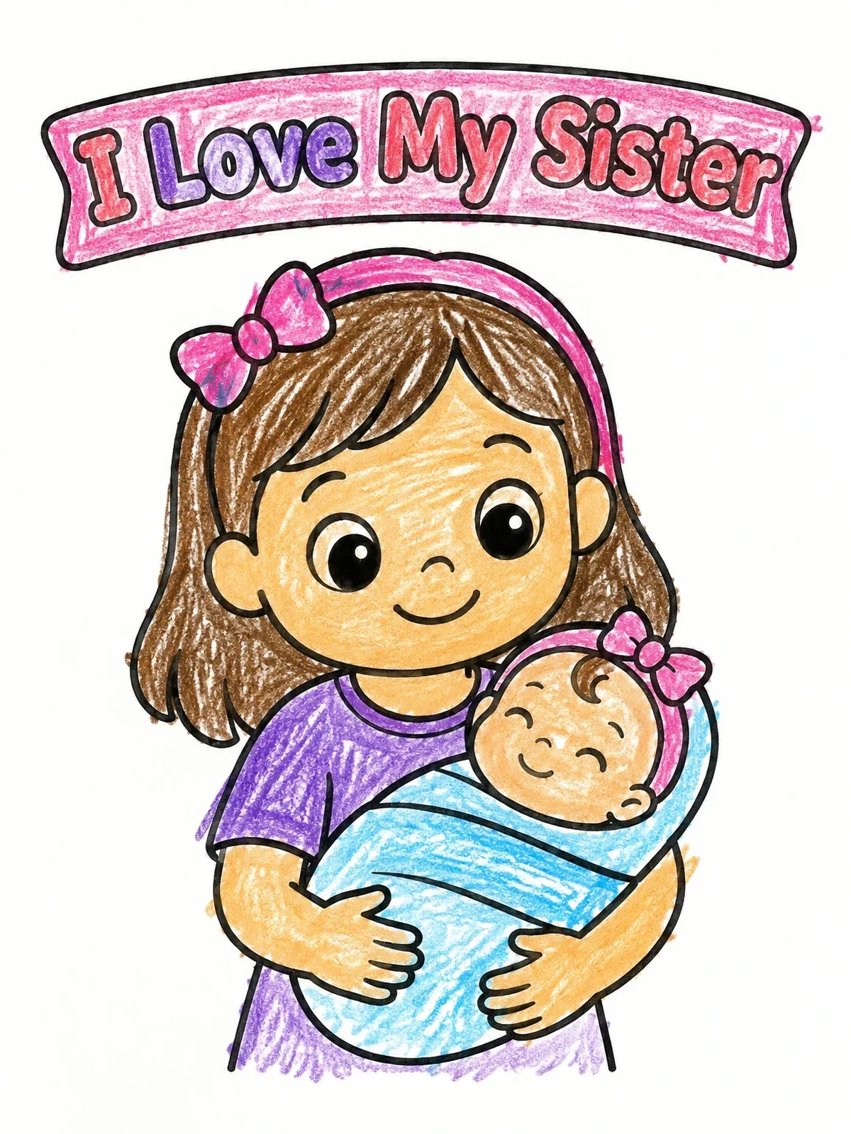 Colored example of the Big Sister Holding Newborn Baby coloring page