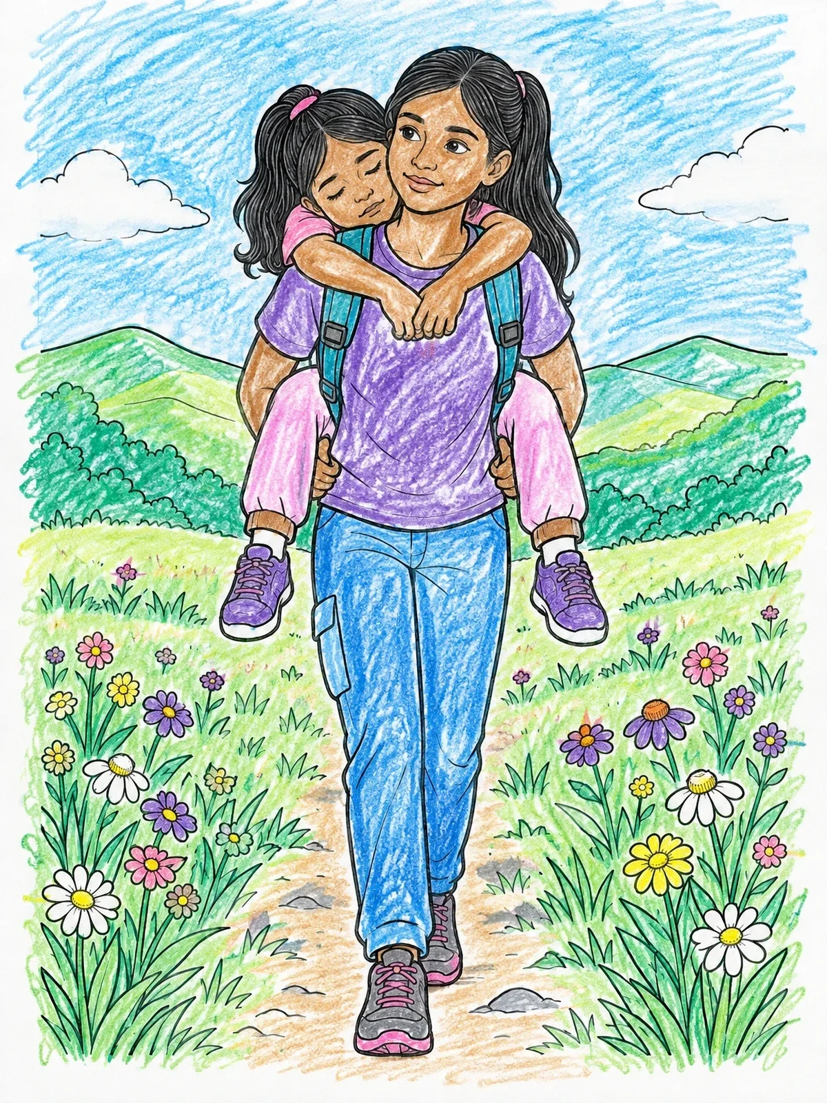 Colored example of the Big Sister Piggyback Meadow Hike coloring page
