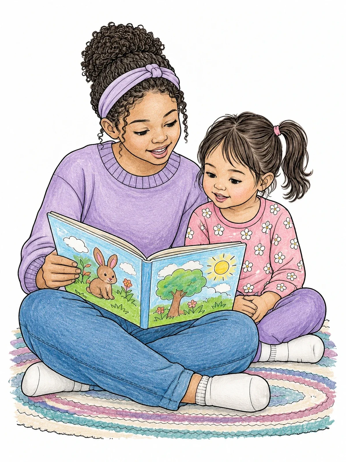 Colored example of the Big Sister Reading A Storybook coloring page