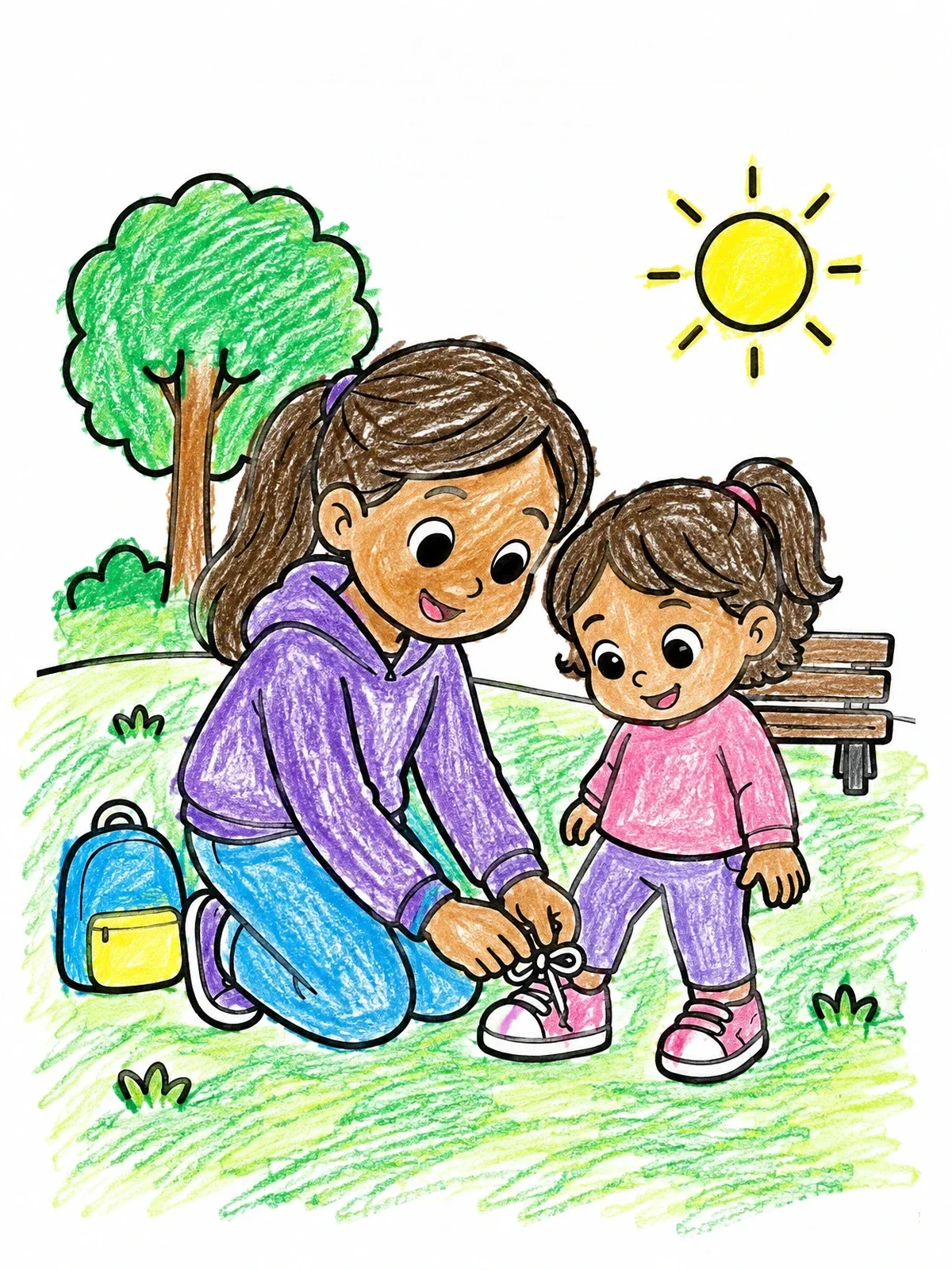 Colored example of the Big Sister Tying Little Sister's Shoe coloring page