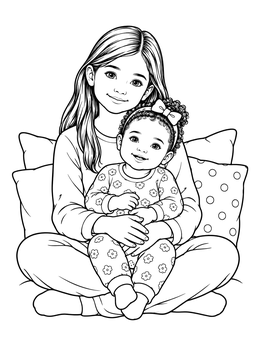 Free printable Big Sister Holding Baby Sister coloring page