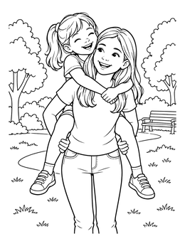 Free printable Big Sister Piggyback Ride In The Park coloring page