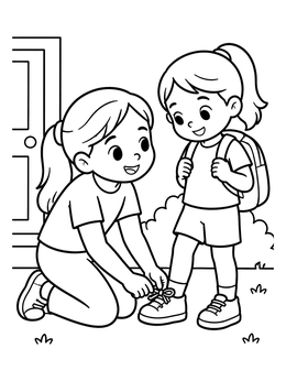 Free printable Big Sister Tying Little Sister's Shoe coloring page