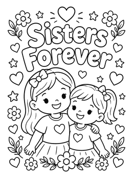 Free printable Sisters Forever With Flowers And Hearts coloring page