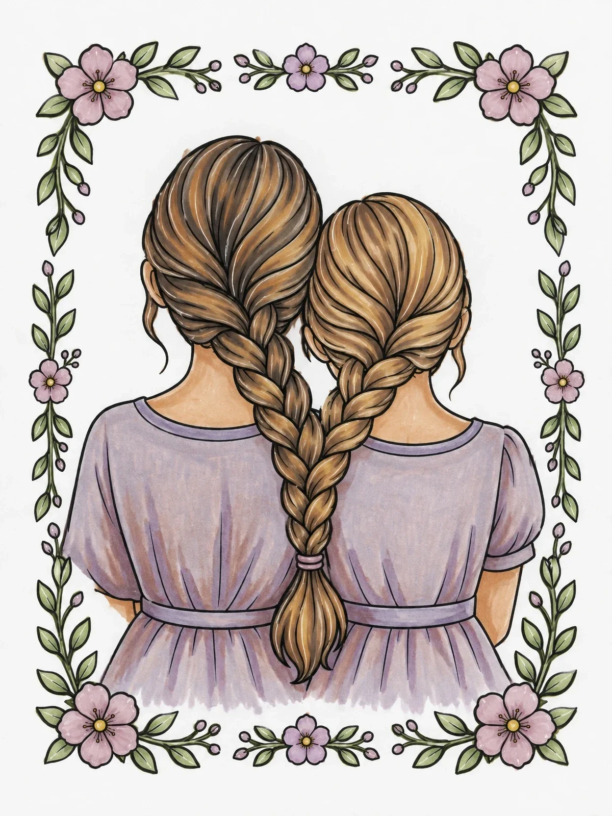 Colored example of the Sisters With Intertwined Braids coloring page