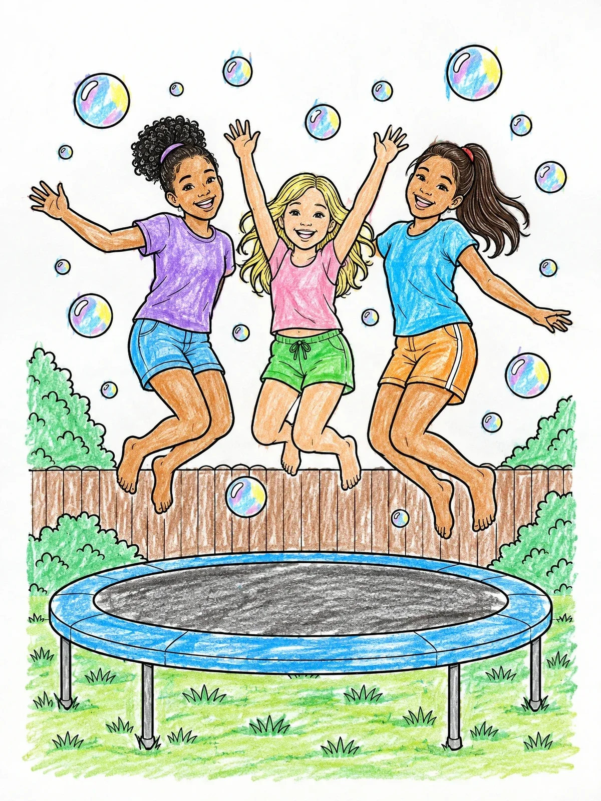 Colored example of the Sisters Jumping On Trampoline With Bubbles coloring page
