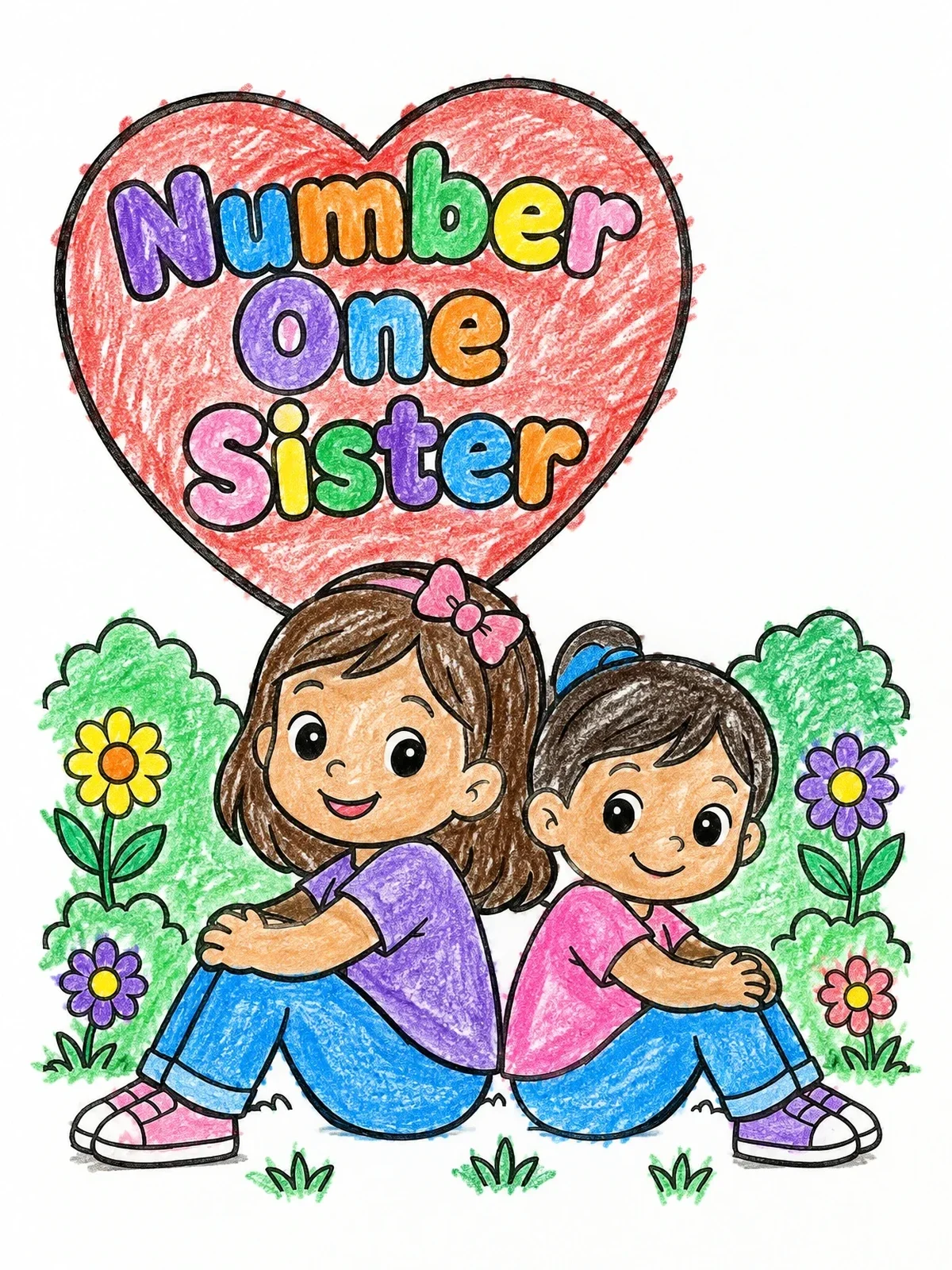 Colored example of the Number One Sister Garden Scene coloring page