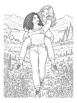 A cheerful sisters forever coloring page showing two girls in a wildflower meadow with mountains.