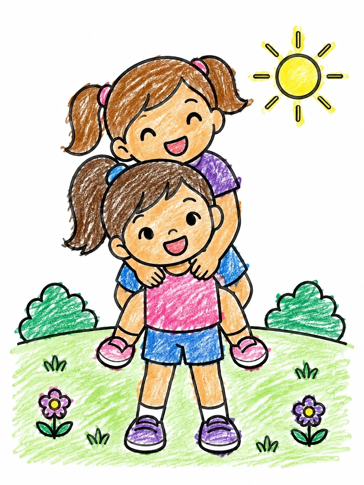 Colored example of the Piggyback Ride In The Sunshine coloring page