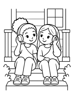 Free printable Sisters Listening To Music Together coloring page