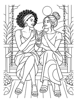 Two women drink together on a sisters forever coloring page.