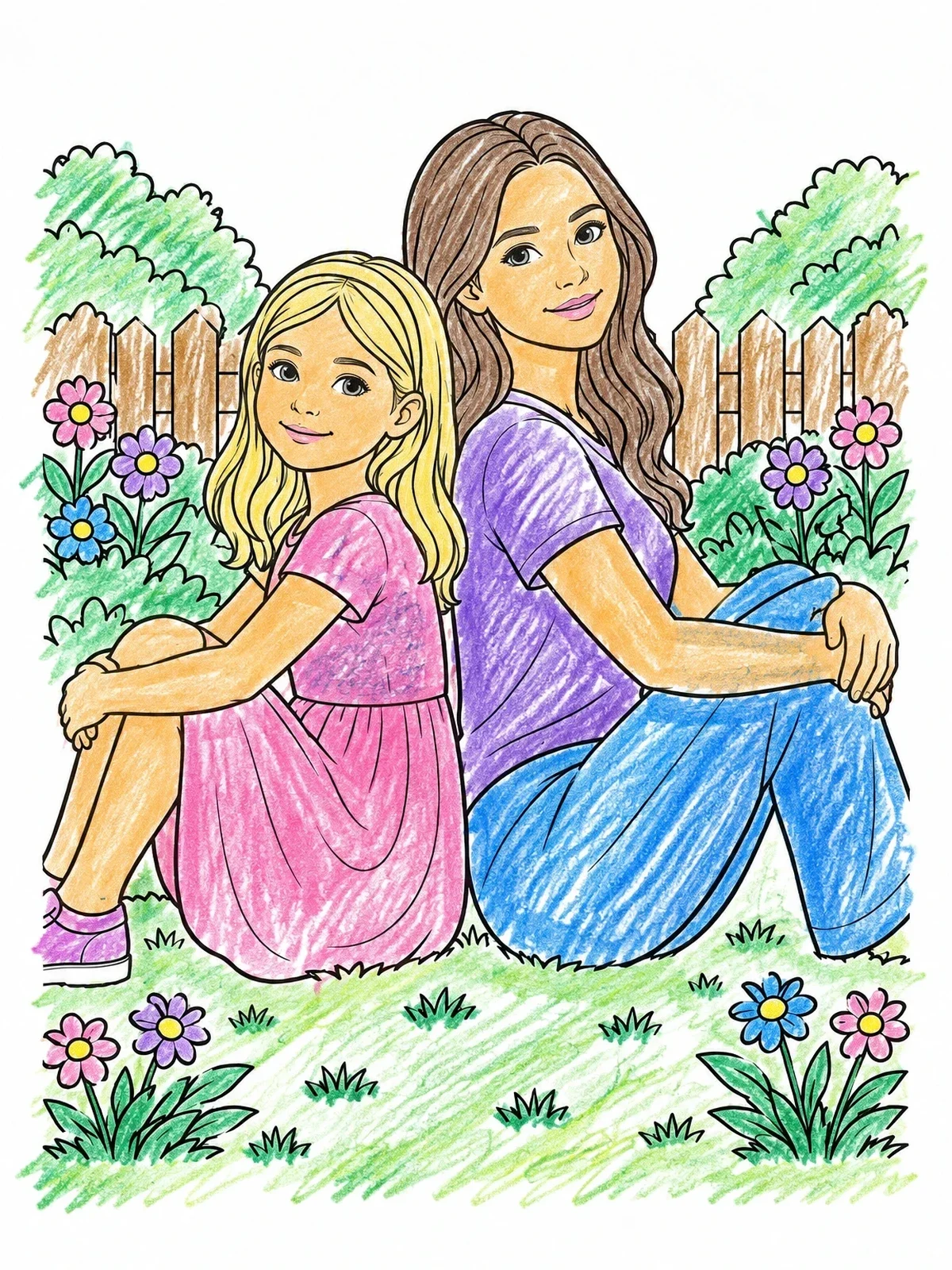 Colored example of the Sisters Sitting In The Garden coloring page
