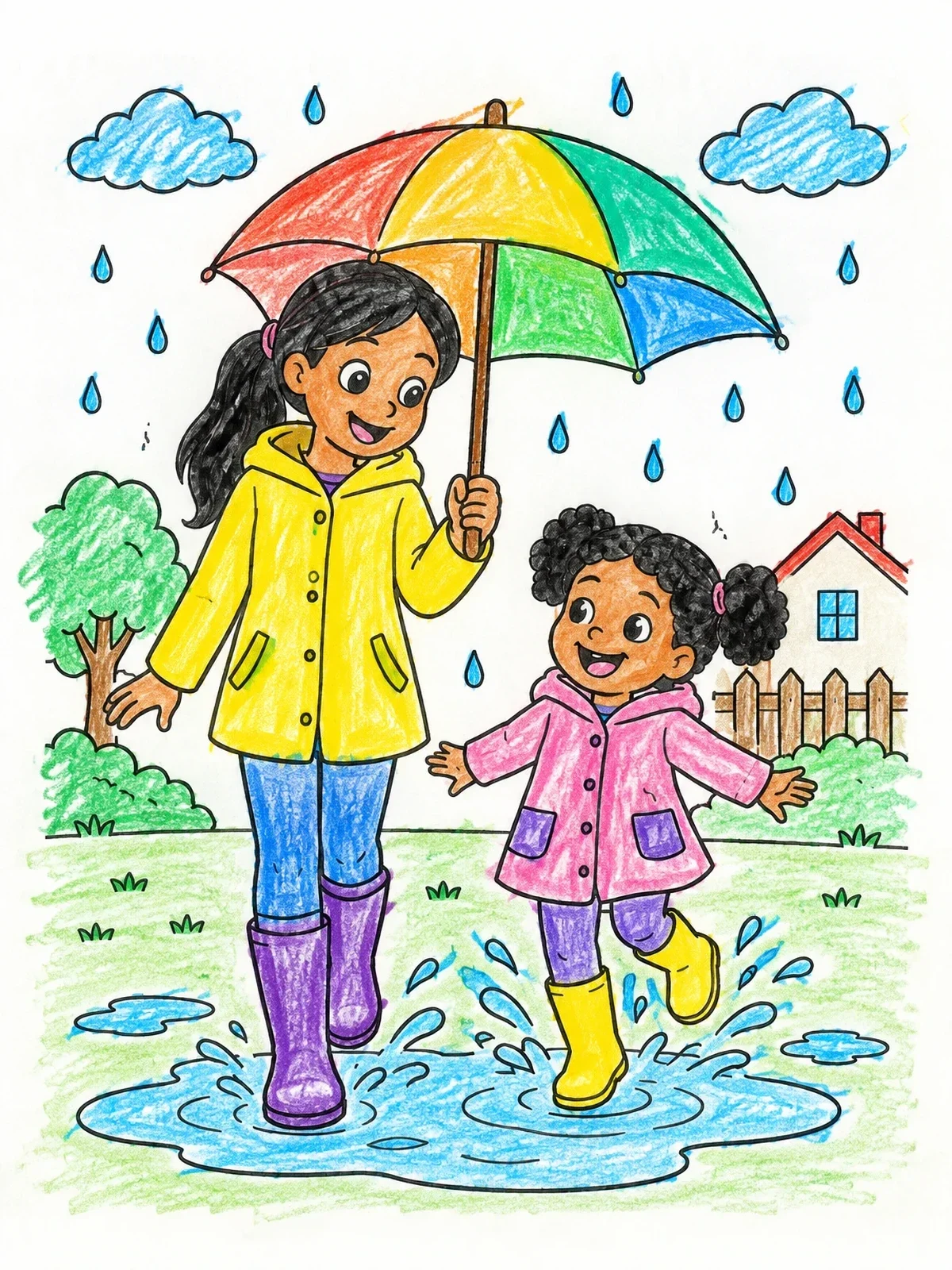 Colored example of the Sisters Splashing In Rainy Puddles coloring page