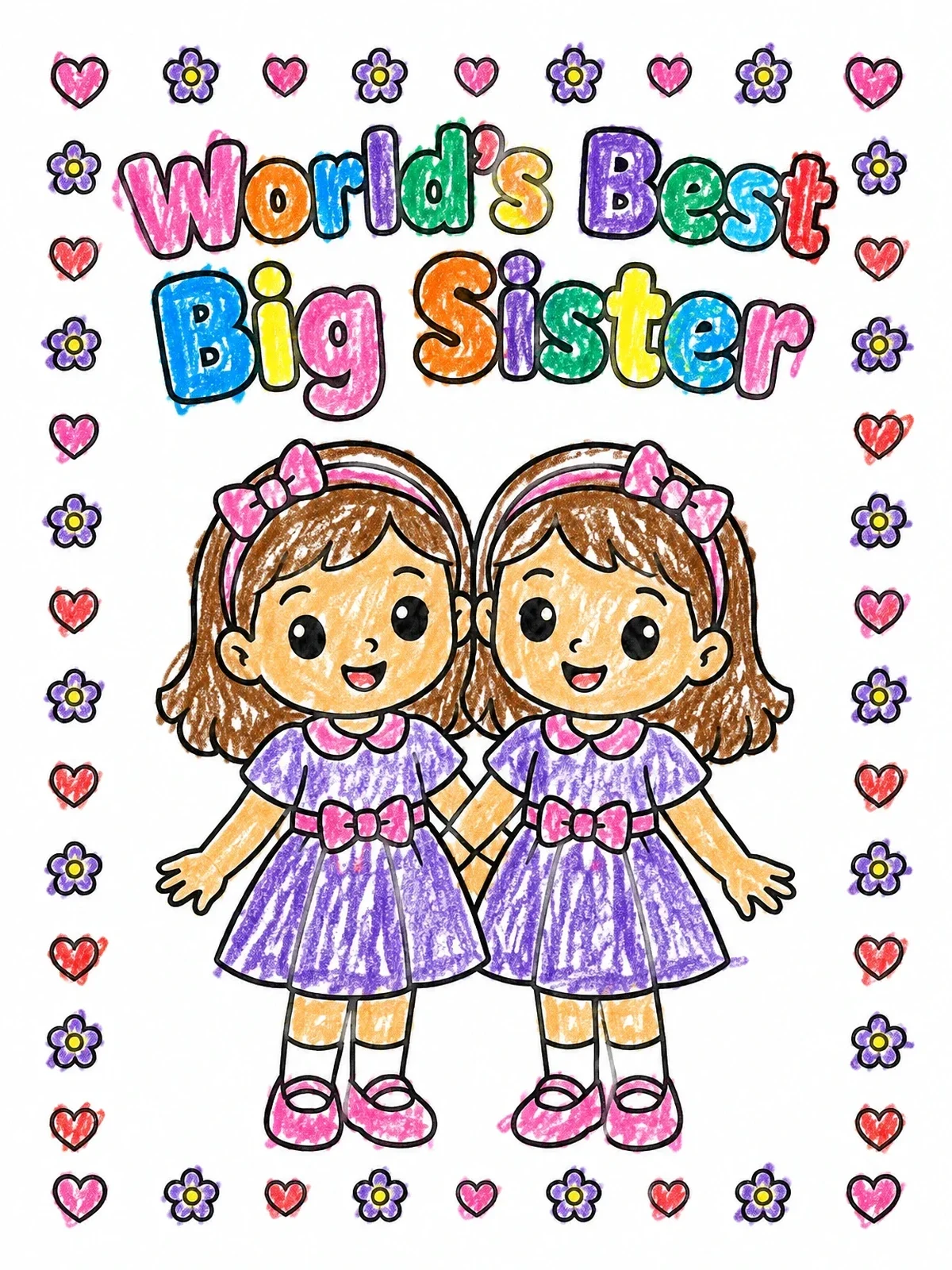 Colored example of the Twin Sisters World's Best Big Sister coloring page