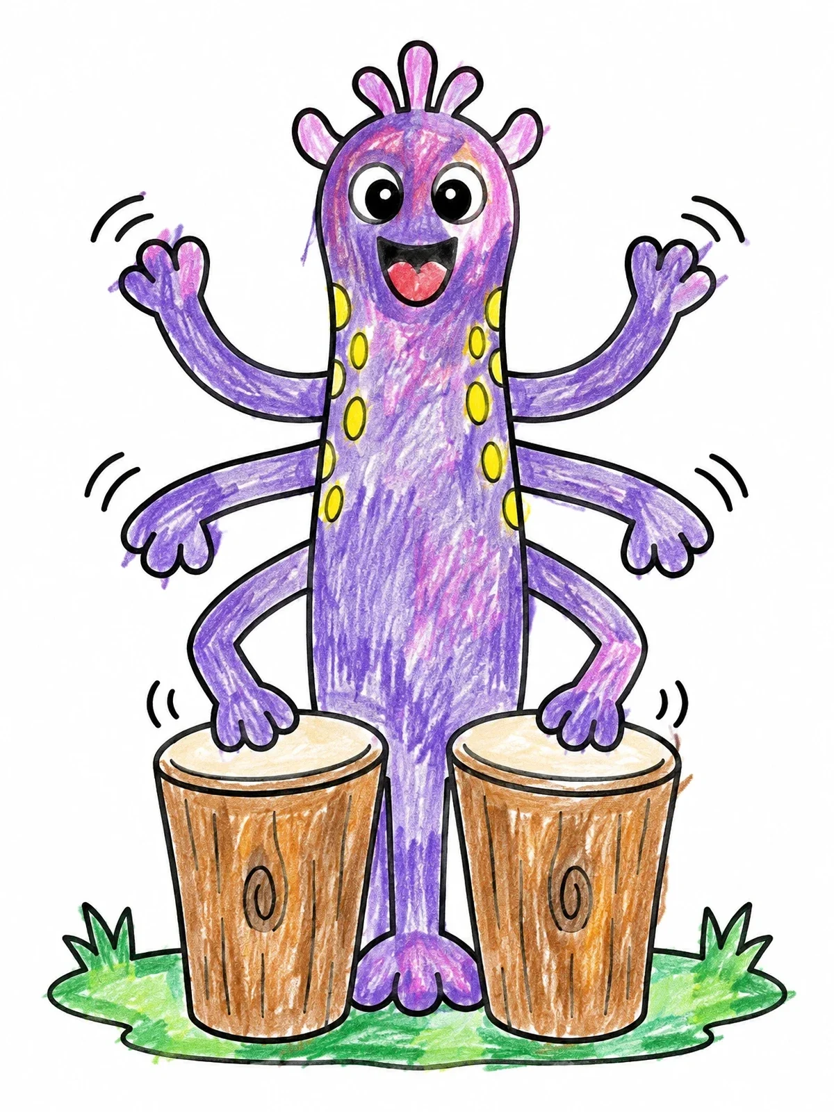 Colored example of the Happy Six Armed Monster Playing Bongo Drums coloring page