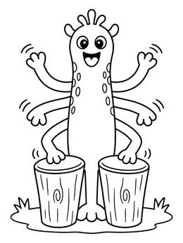 Free printable Happy Six Armed Monster Playing Bongo Drums coloring page