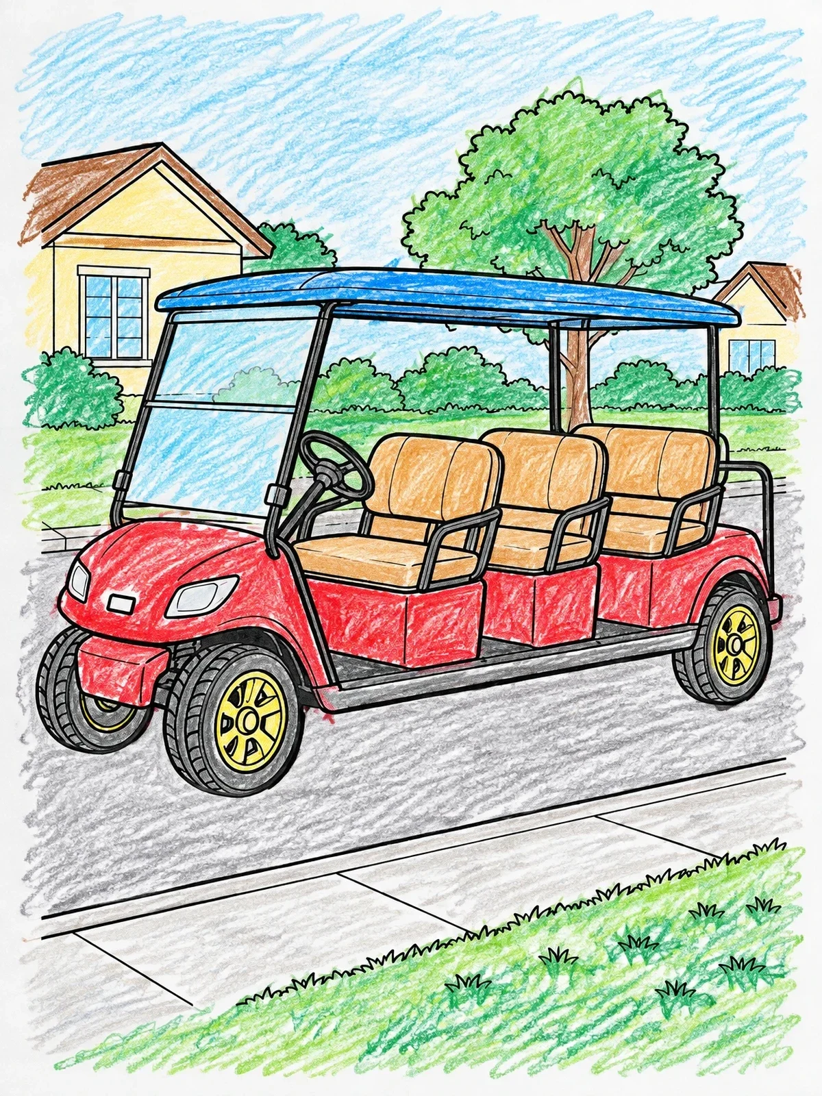 Colored example of the Six Passenger Golf Cart On Suburb Street coloring page