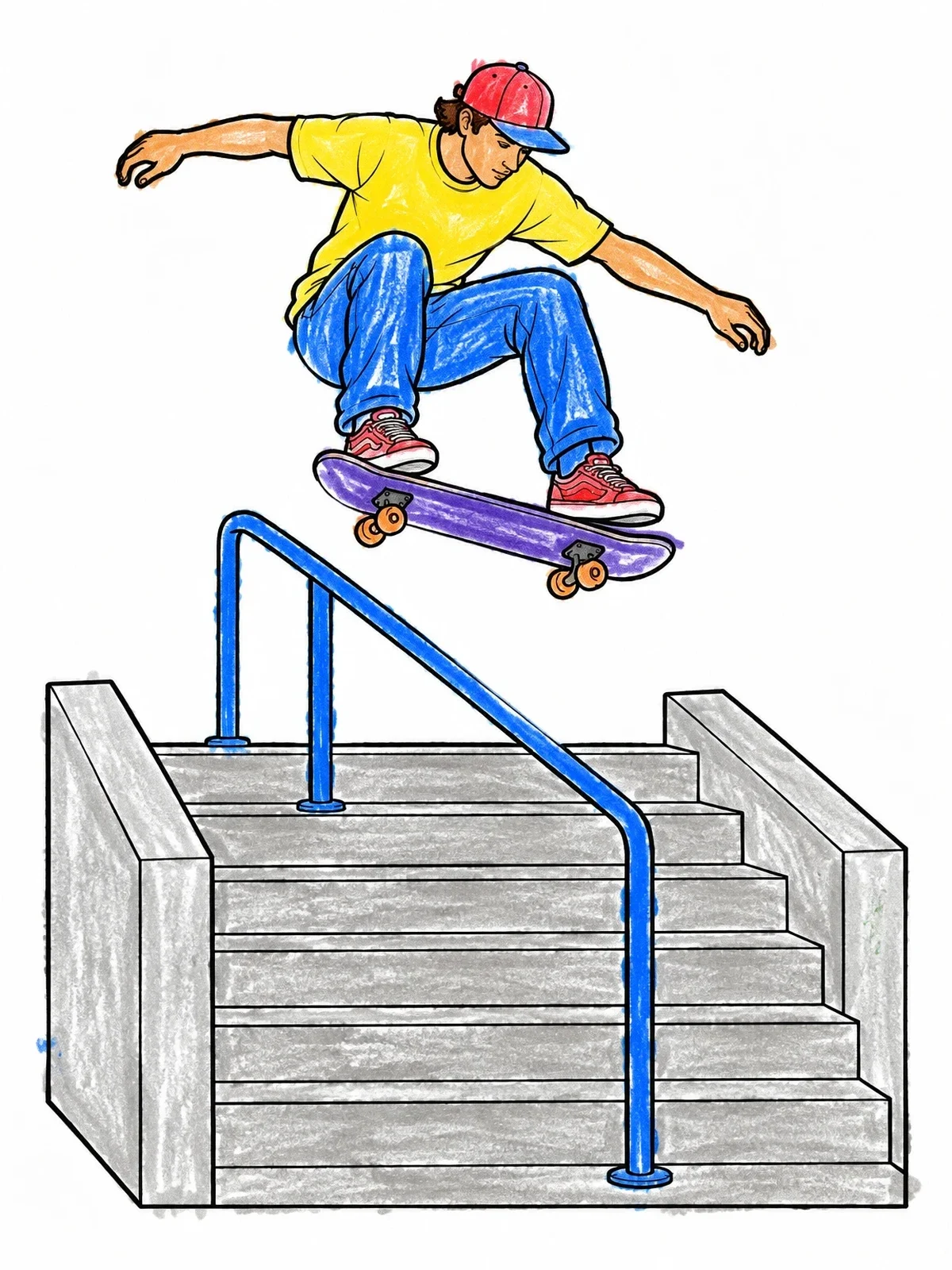 Colored example of the Skateboarder Jumping Over Park Stairs coloring page