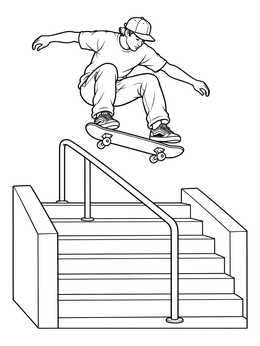 A teen jumping on a skateboard over stairs in this park coloring page.