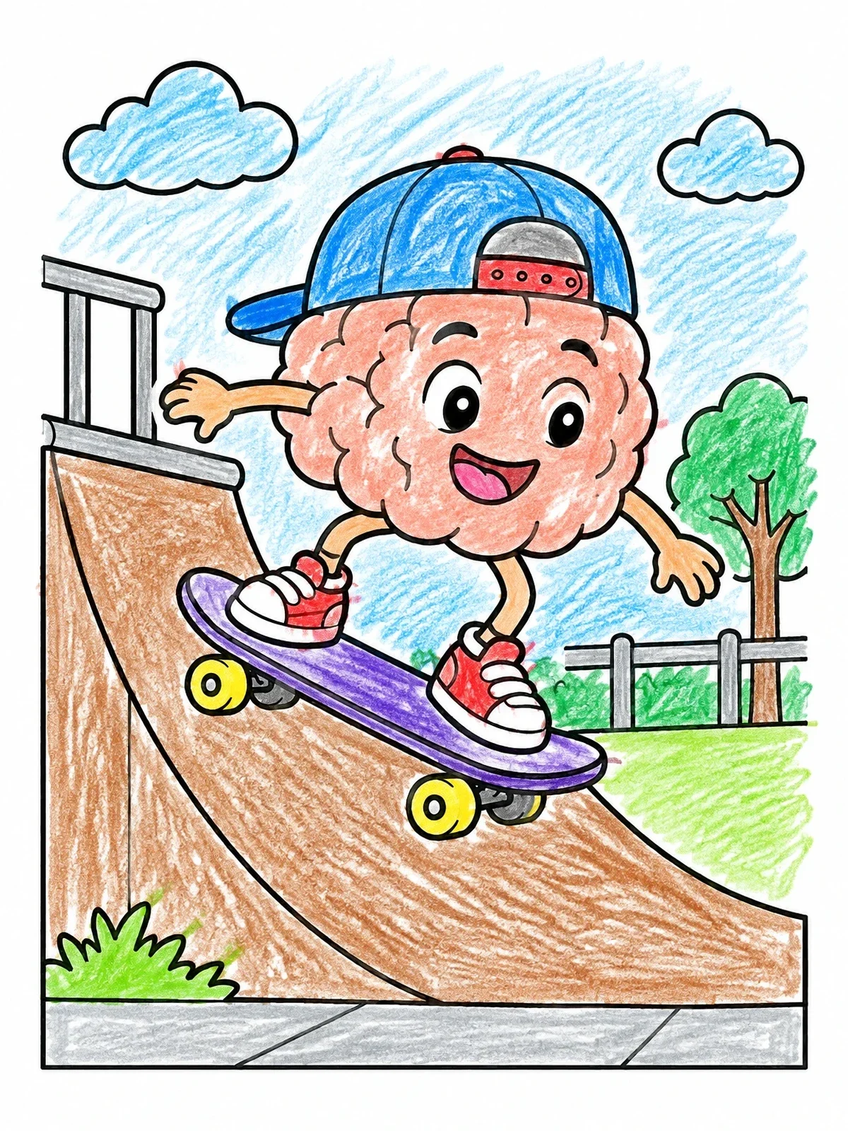 Colored example of the Cool Brain Skateboarding On Ramp coloring page