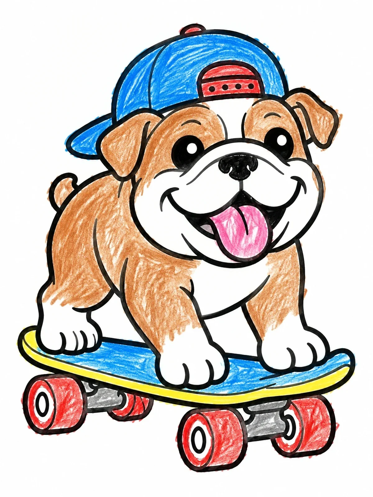Colored example of the Bulldog Puppy On A Skateboard coloring page