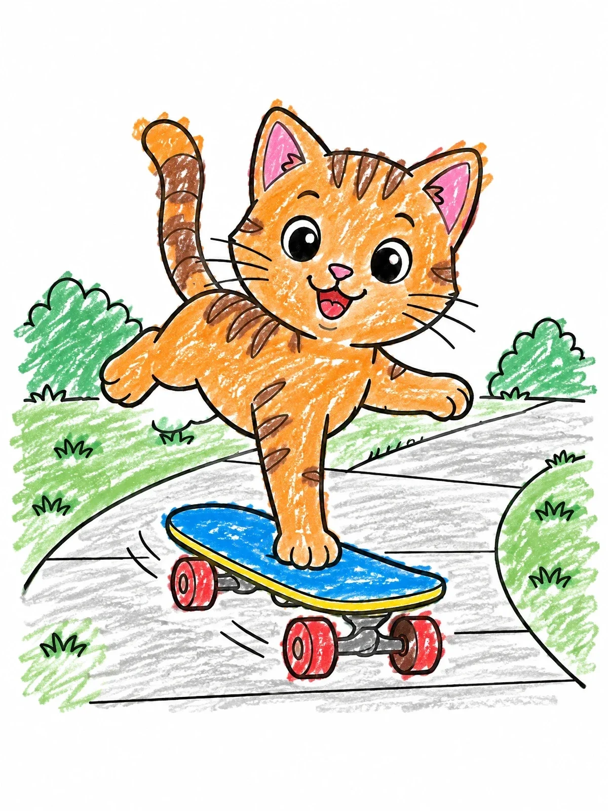 Colored example of the Cute Cat On A Skateboard coloring page