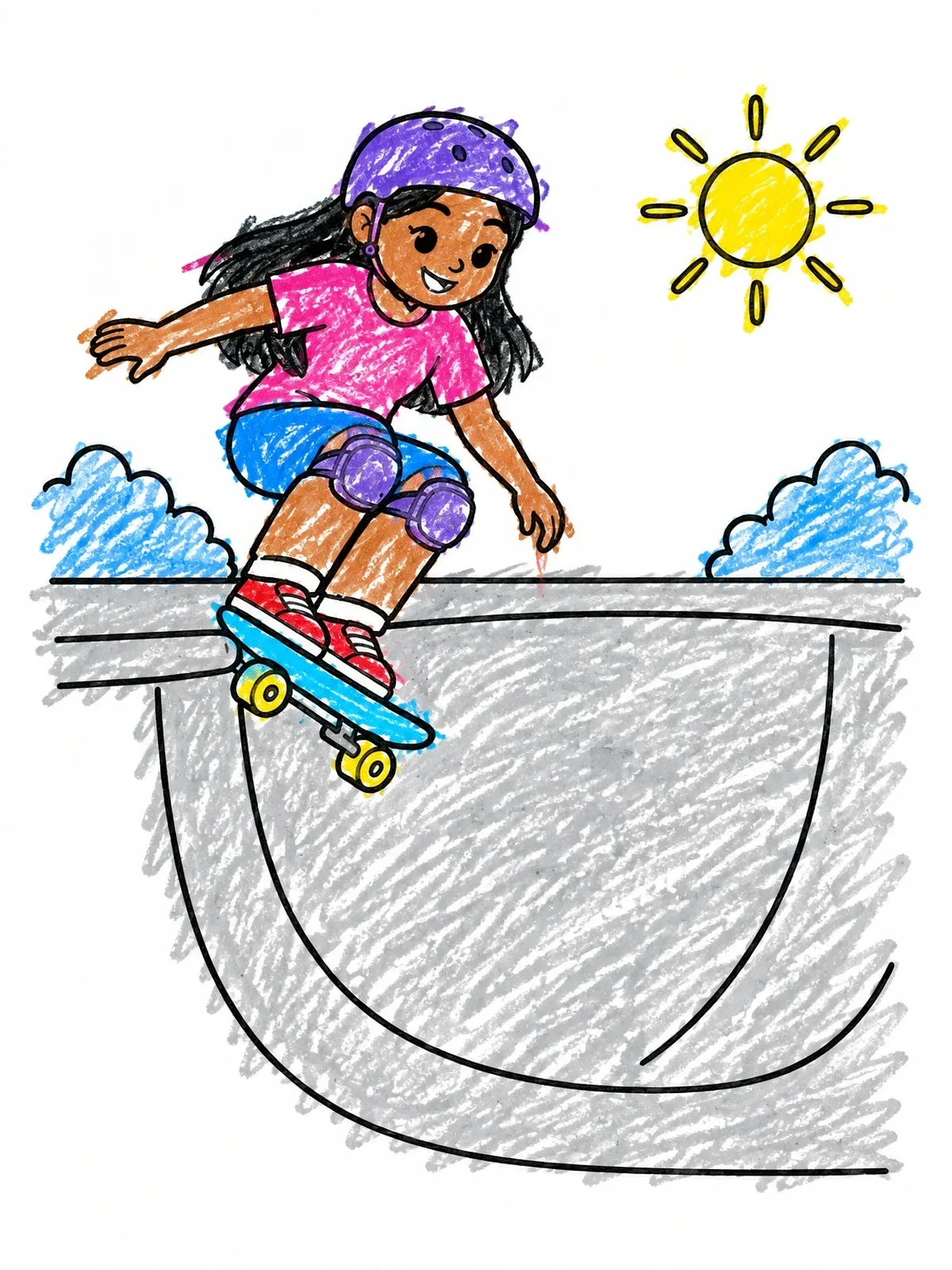Colored example of the Girl Dropping Into Skate Bowl coloring page