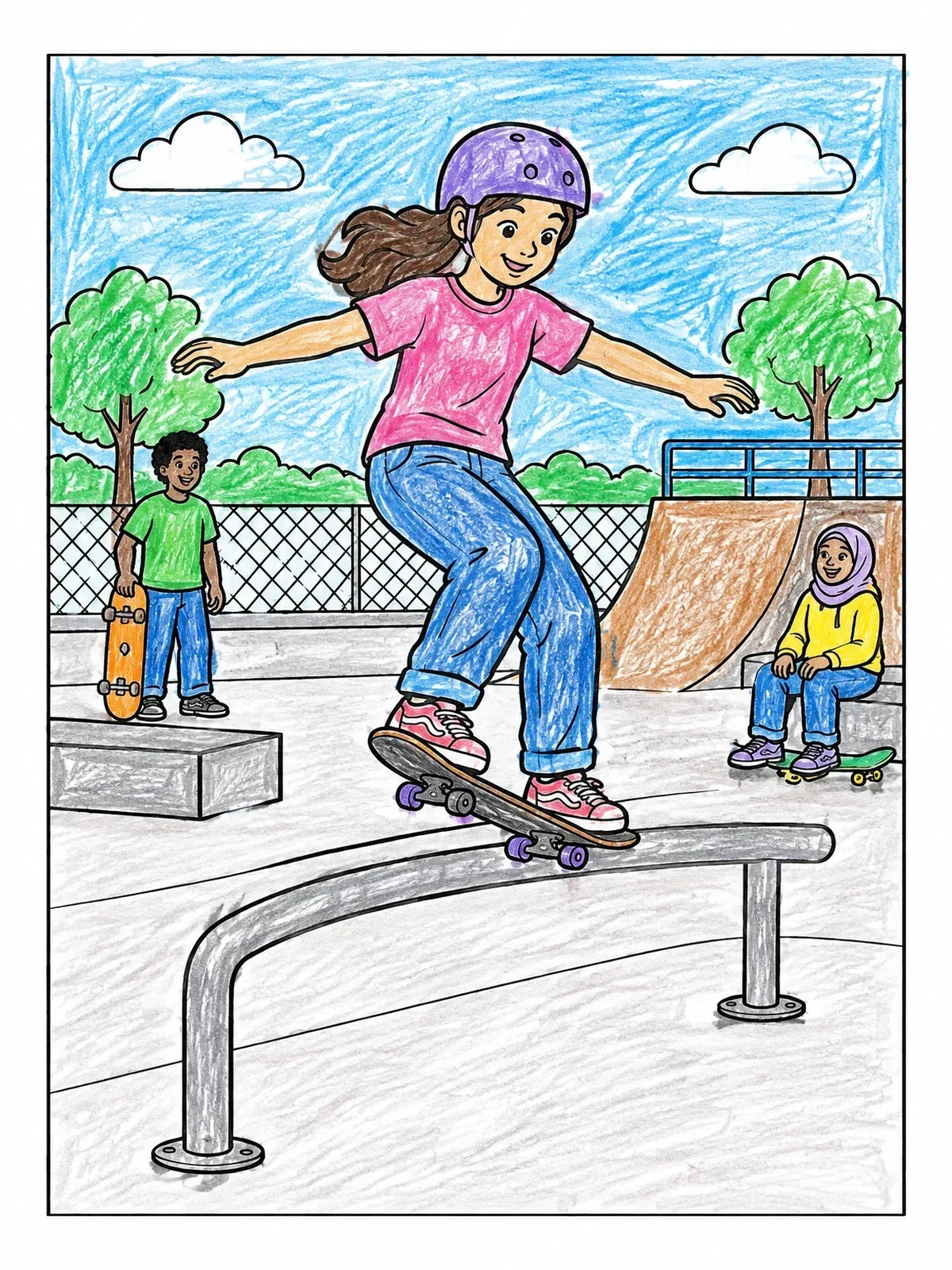 Colored example of the Girl Grinding At The Skatepark coloring page