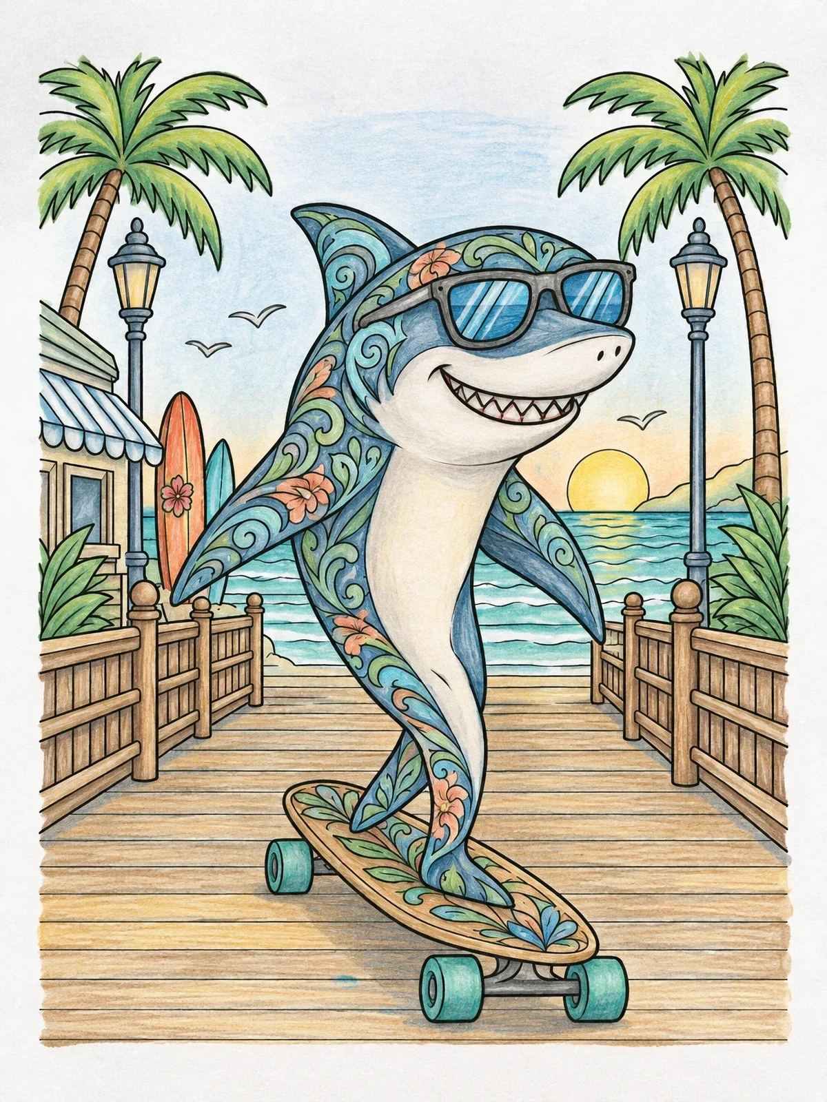 Colored example of the Shark Longboarding On Beach Boardwalk coloring page