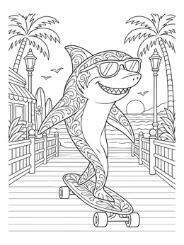 Free printable Shark Longboarding On Beach Boardwalk coloring page